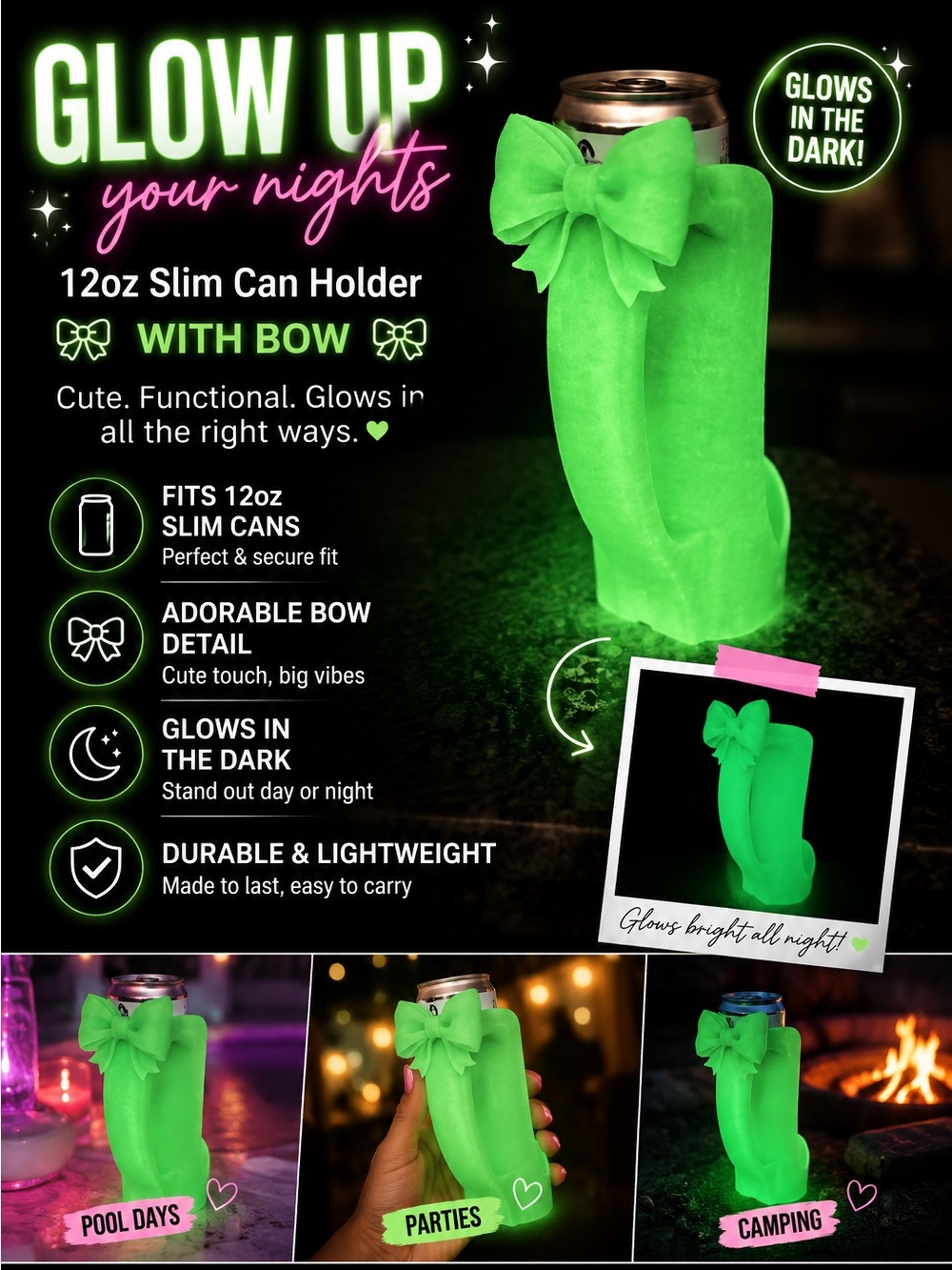 Glow-in-the-Dark 12oz Slim Can Holder with Bow - Green